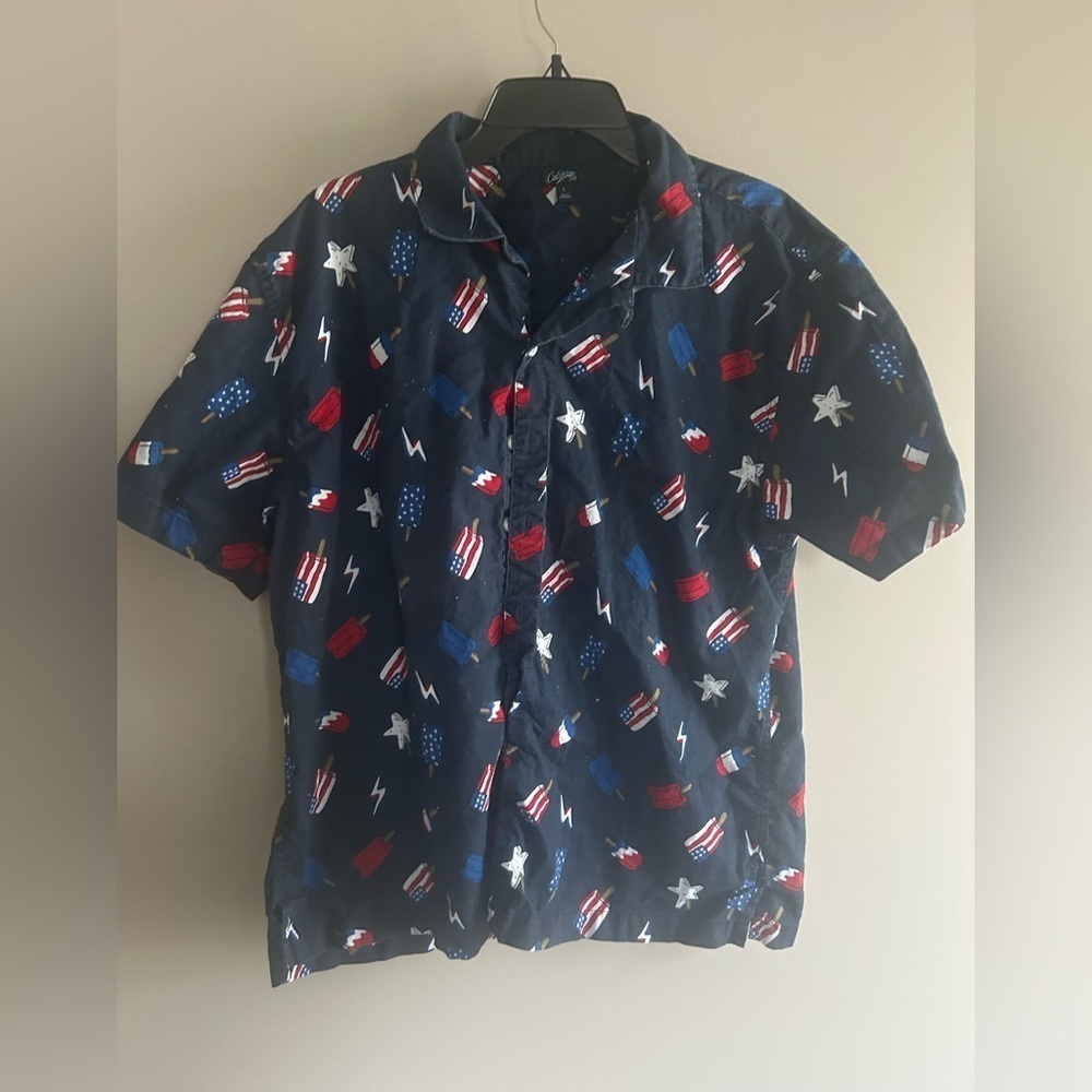 USA Patriotic Shirt Button Up Short Sleeve Stars Stripes men’s L flag summer